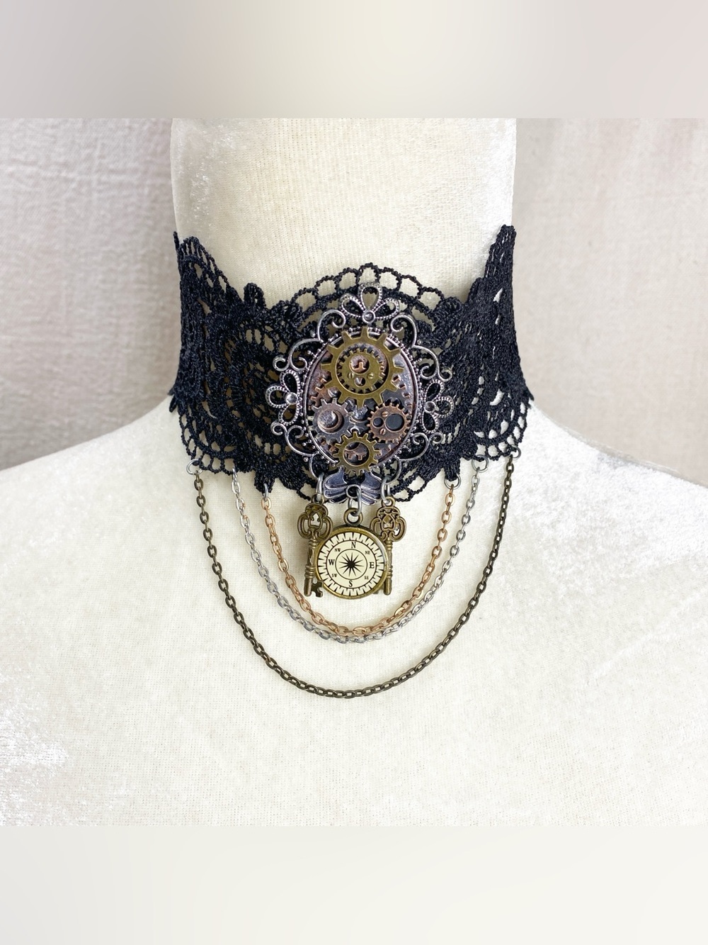 Black Lace Steampunk Gear Choker Necklace - Unbranded